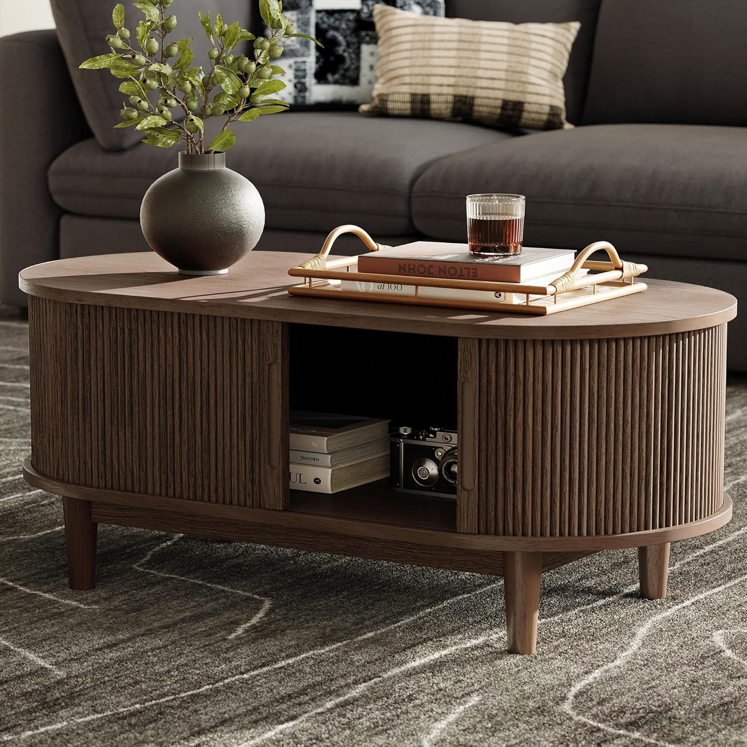 LINSY HOME Oval Coffee Table, Wood Coffee Table with Storage, Fluted Accent Center Table with Sliding Tambour Door, 39" Mid Century Modern Coffee Tables for Living Room, Bedroom, Apartment, Walnut
