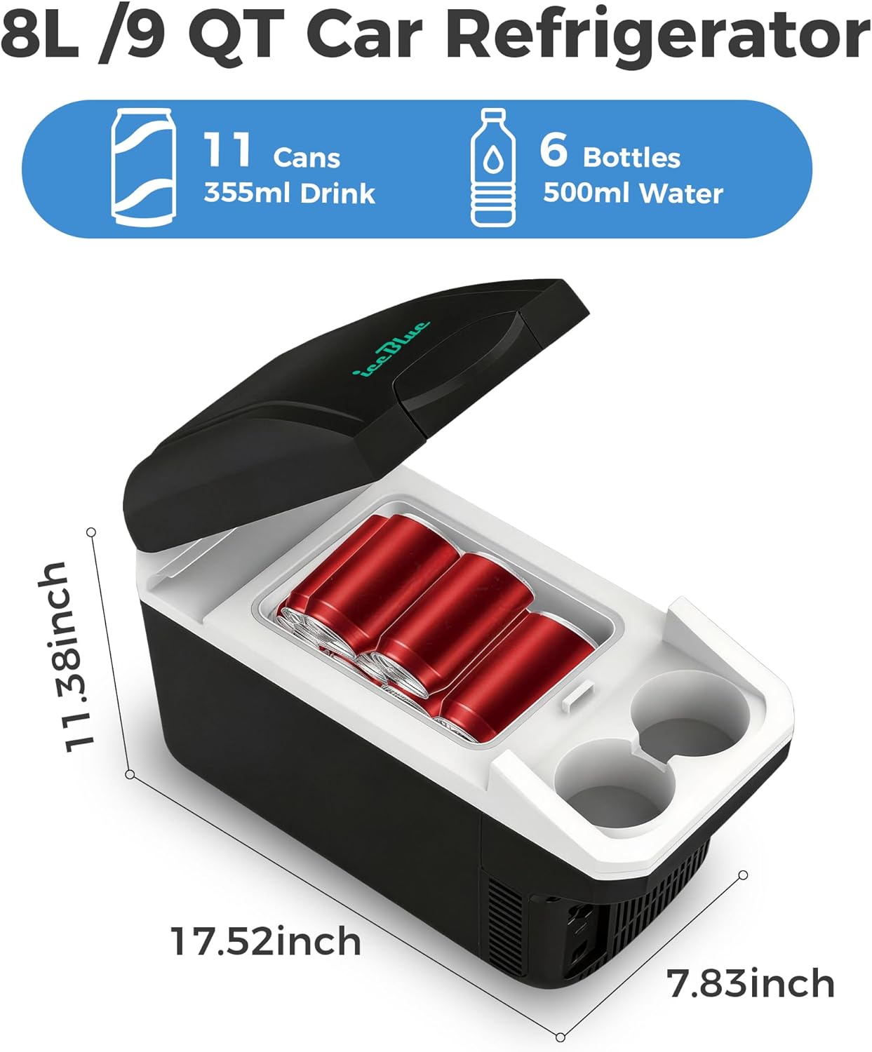 Iceblue Electric Cooler with Type-C, 8 Liter /11 Cans Mini Fridge with Belt, 9V Type-C Thermoelectric Dual-use Car Refrigerator, Car Fridge for Car, Dorm, Travel, Picnic, Gift - Black
