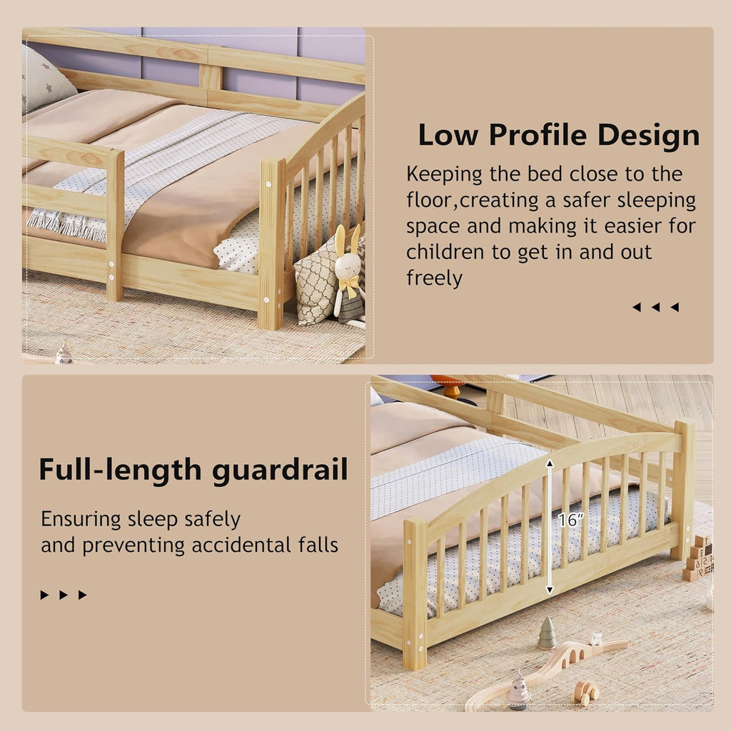 Merax Twin Montessori Floor Bed with Safety Guardrails – Solid Wood Kids Bed with Slats & Fence and Without Door, No Box Spring Needed, Natural