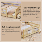 Merax Twin Montessori Floor Bed with Safety Guardrails – Solid Wood Kids Bed with Slats & Fence and Without Door, No Box Spring Needed, Natural