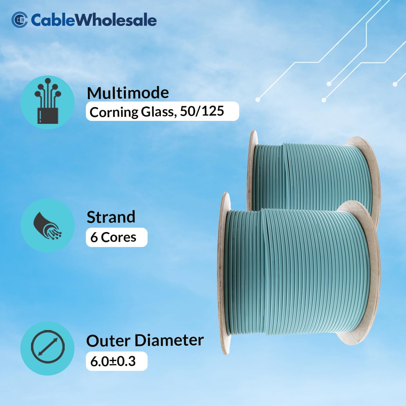 CableWholesale 500ft Aqua Armored 6 Strand Fiber Optic Cable  Multimode OM3 50/125 Micron  Corning ClearCurve  Plenum Rated  High-Speed 10Gbit  Indoor Safe - Networking Spool