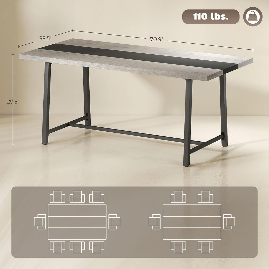 HOMCOM Industrial Dining Table for 8 People, 70.9" Long Rectangular Kitchen Table with Large Tabletop and Steel Legs for Dining Room, Distressed Gray