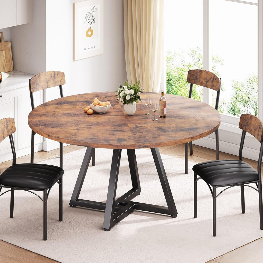 Jocoevol Round Kitchen Dining Room Table Circle Dining Dinner Table with Pedestal Metal Frame, Space Saving Wood Industrial Furniture for Small Space (Rustic Brown, 47IN)