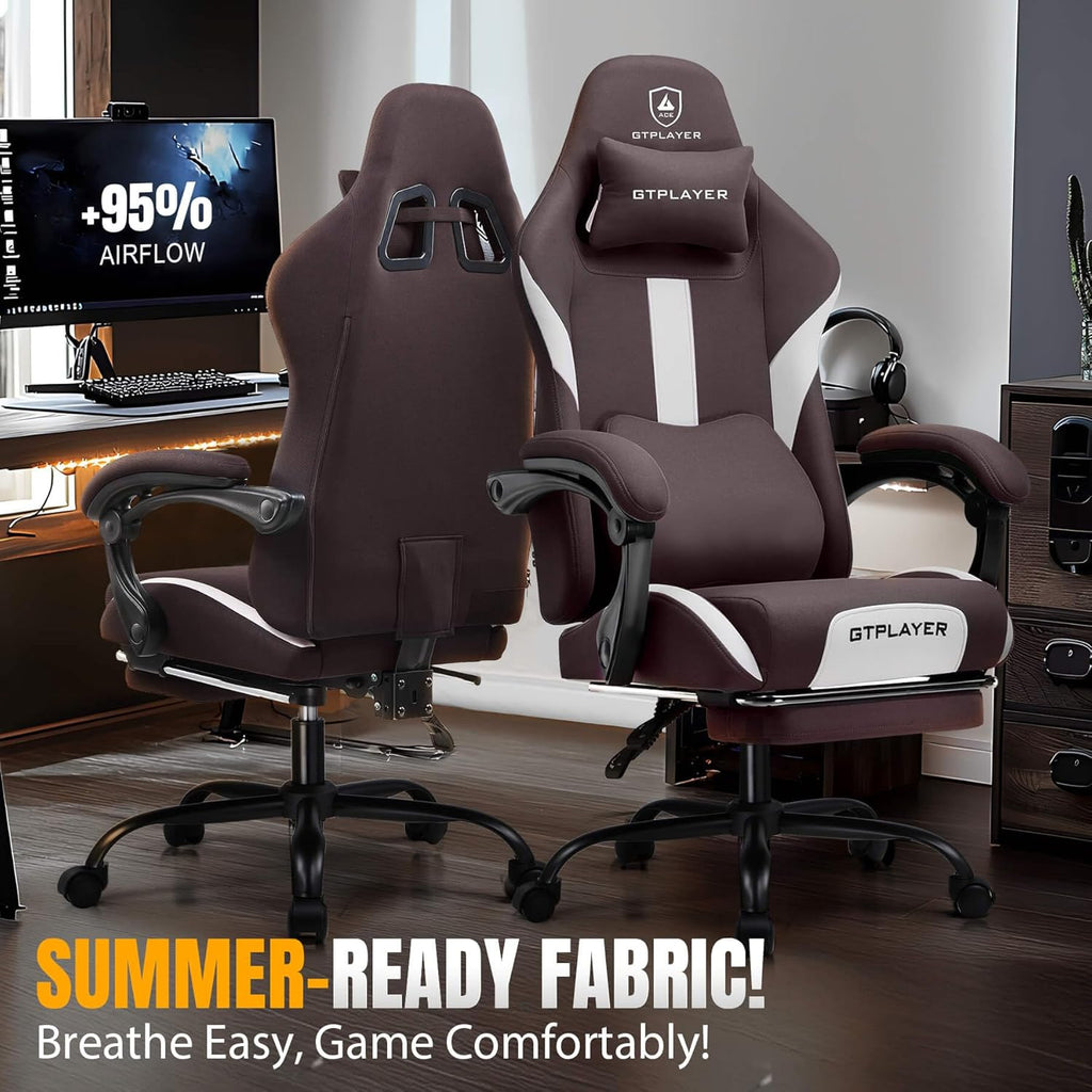 GTPLAYER Gaming Chair with Foot Rest & Pocket Spring Cushion, Breathable Fabric for Home Office Desk, Ergonomic High Back Computer Chair with Headrest & Lumbar Support, Brown