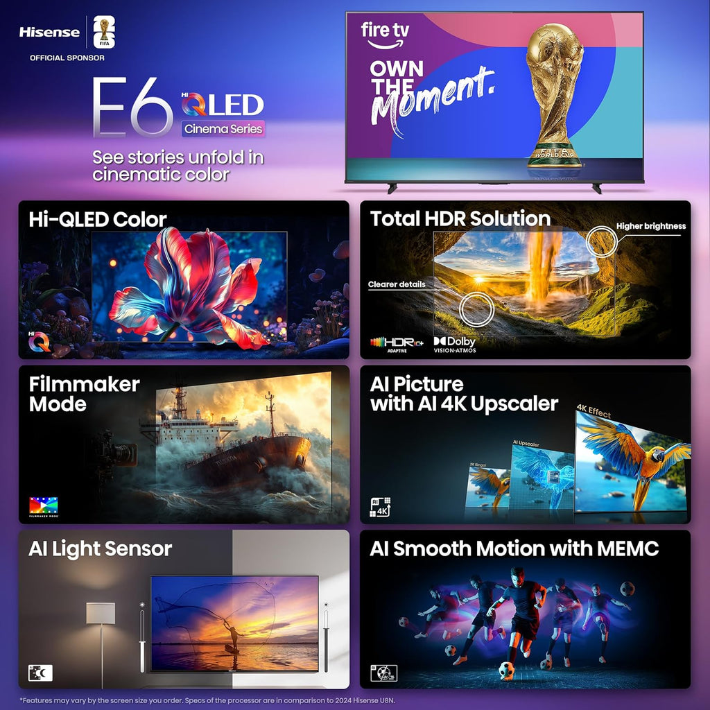 Hisense 65" E6 Cinema Series Hi-QLED 4K UHD Smart Fire TV (65E6QF  2025 Model) -AI Light Sensor  Dolby Vision · Atmos  Voice Remote with Alexa  Motion Rate 120  HDR 10+ Adaptive  Game Mode Plus
