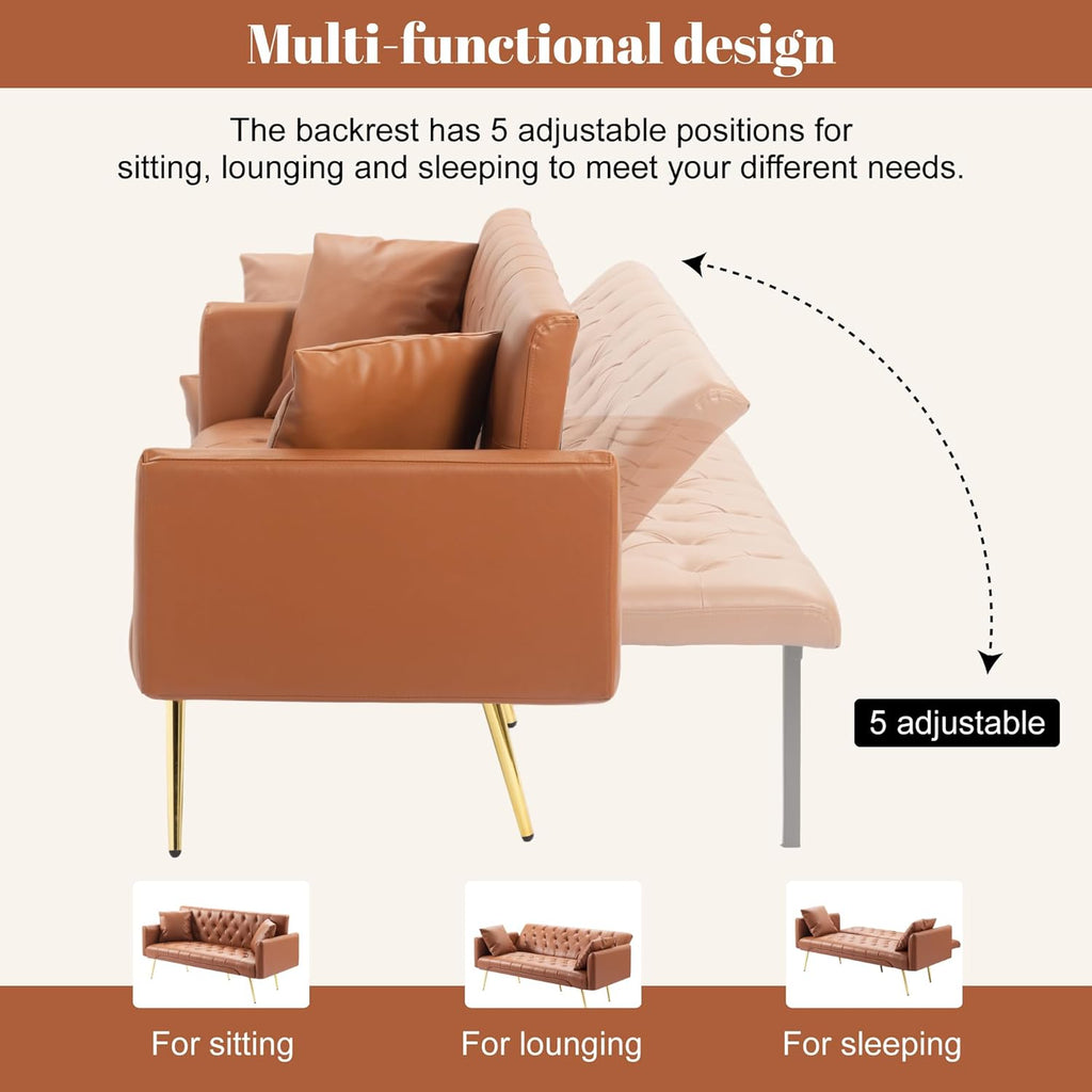 Anwick 72" Modern PU Leather Sofa Bed Futon,Convertible Folding Sleeper Bed Couches with 3 Adjustable Backrests,Tufted Recliner Loveseat with Golden Chrome Legs for Small Living Room Office (Brown)