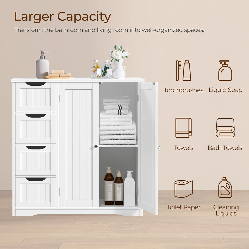 Yaheetech Wooden Bathroom Floor Cabinet, Side Storage Organizer Cabinet with 4 Drawers & Double Doors, Freestanding Entryway Storage Unit Console Table, Bathroom Furniture Home Decor, White