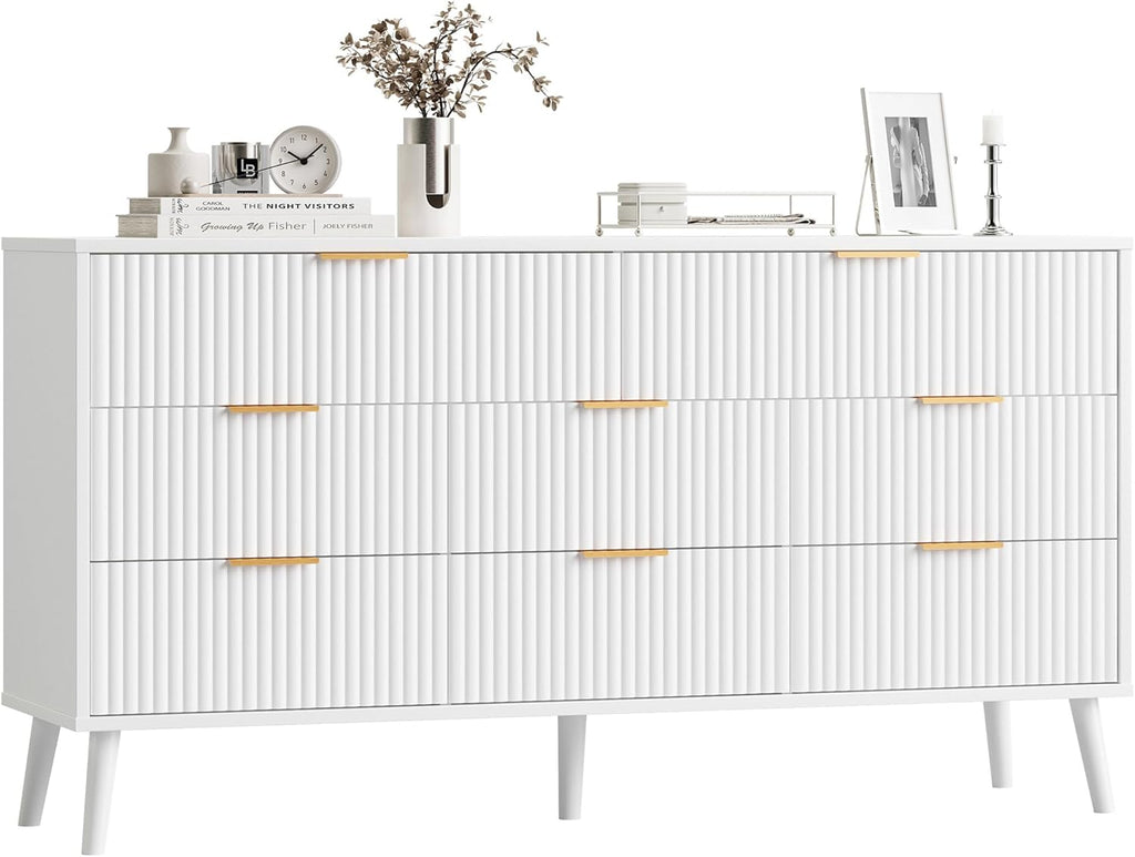 Fluted Dresser for Bedroom with 8 Drawers, Wooden Dresser with Metal Handle, Modern Storage Organizer for Bedroom, Wood Closet for Hallway, Living Room,White BDR104W