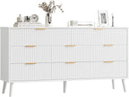 Fluted Dresser for Bedroom with 8 Drawers, Wooden Dresser with Metal Handle, Modern Storage Organizer for Bedroom, Wood Closet for Hallway, Living Room,White BDR104W