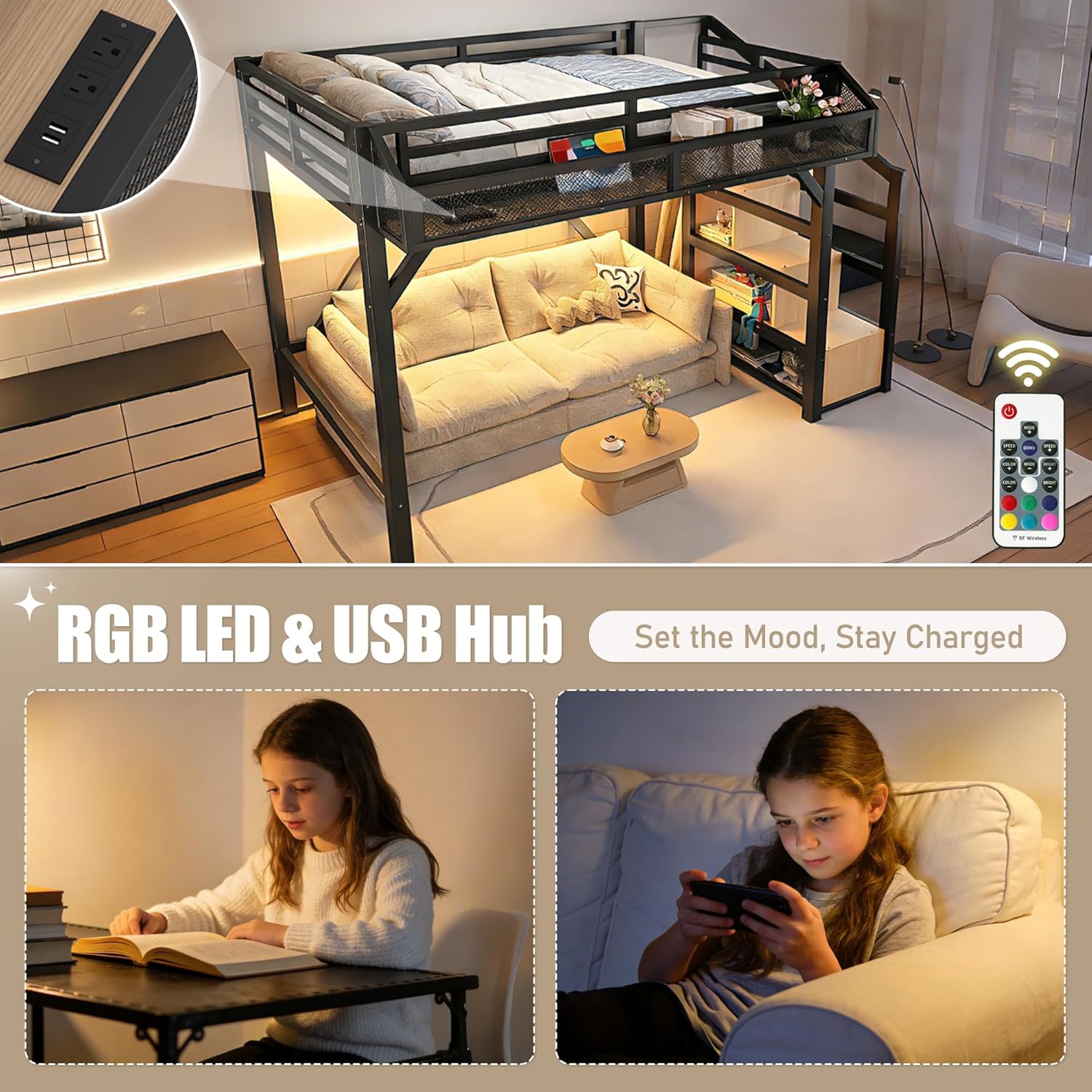 Bellemave Loft Bed Full Size with Storage Stairs, Beside Shelf & Wardrobe, Metal Full Size Loft Bed with USB Ports & LED Light, Large Under-Bed Space Loft Beds for Adults, Teens, Kids, Black Natural