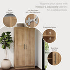 Prepac Natural Oak Elite 65" Tall Accent Kitchen Pantry Cabinet, Craft or Bathroom Storage Cabinet, Buffet Storage with Panel Doors, 3 Shelves, 32" W x 16.75" D x 65" H, Ideal for Home Organization