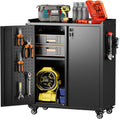 Metal Storage Cabinet on Wheels,Lockable Garage Storage Cabinet with Wheels Pegboard Pushing Hand for Office Home Warehouse, Assembly Required, Black,13.8 "D x 26" W x 31.5" H