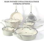 Martha Stewart Heathland Premium Nonstick PFA Free Ceramic Interior 10-Piece Tapered Aluminum Cookware Set - Linen White