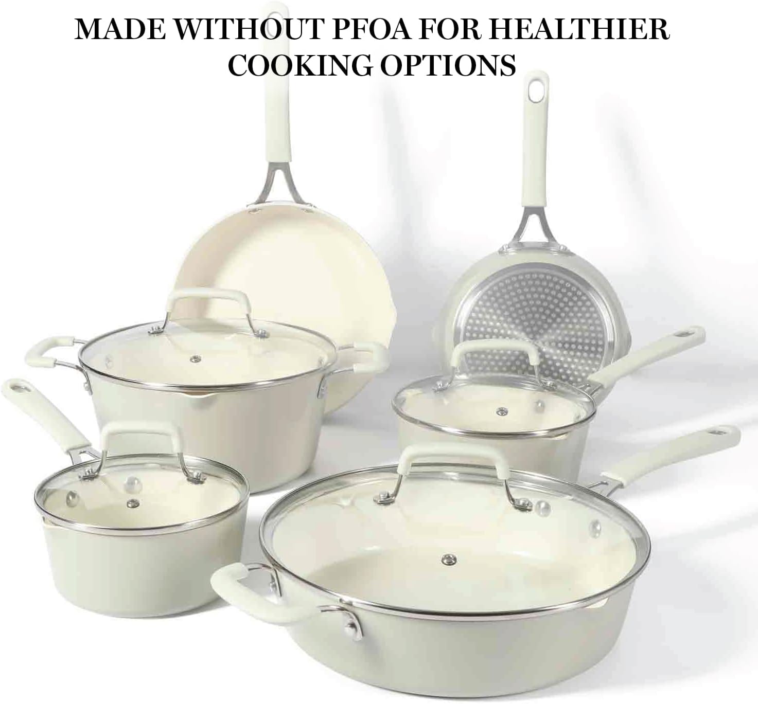 Martha Stewart Heathland Premium Nonstick PFA Free Ceramic Interior 10-Piece Tapered Aluminum Cookware Set - Linen White