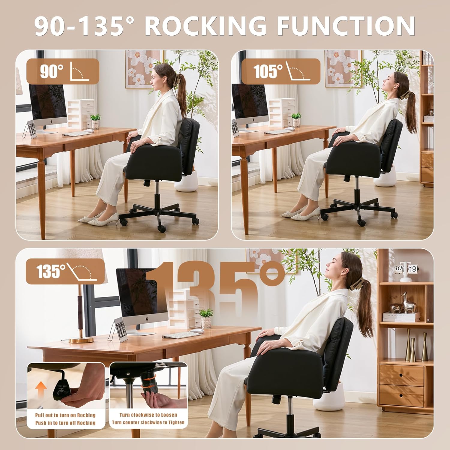 Criss Cross Chair with Flip-Up Arms & Swivel Wheels, Vanity Chair with Adjustable Height & Side Pockets, Comfortable Wide Seat Reclining Computer Office Desk Chairs for Home Office, Make Up, Bed Room