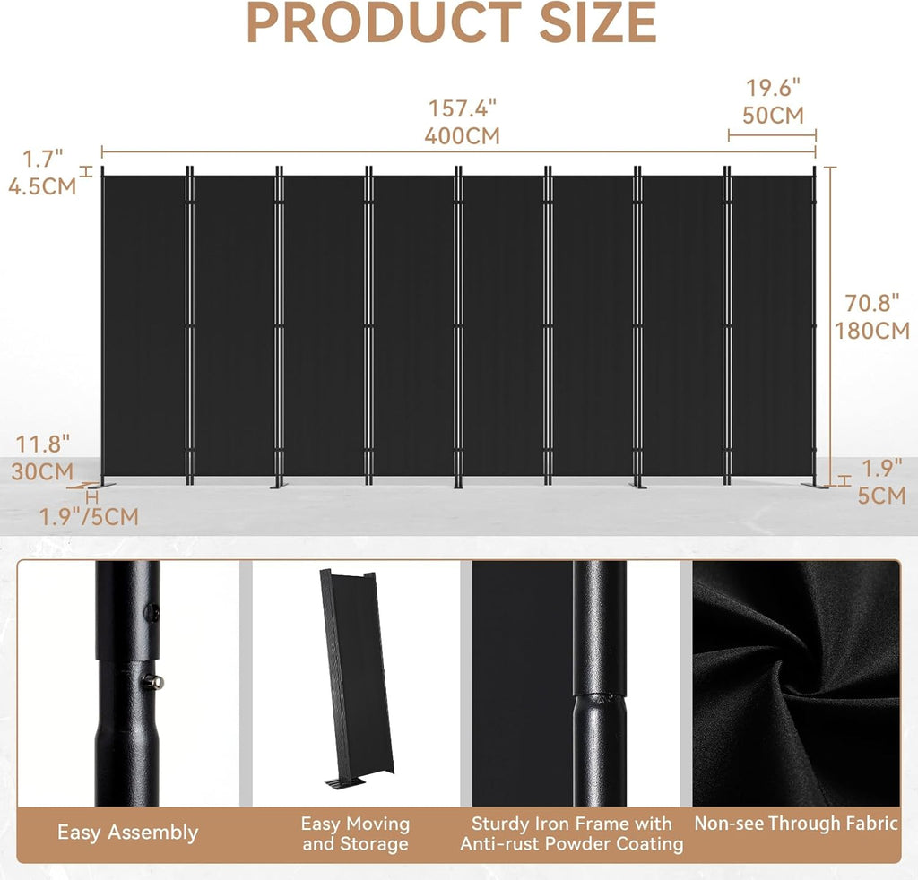 C-Hopetree 8 Panels Room Divider, 6 Ft Tall Indoor Folding Privacy Screen, Portable Partition Separator, Freestanding Separation Temporary Wall for Office, Bedroom, 160" W X 71" H, Black