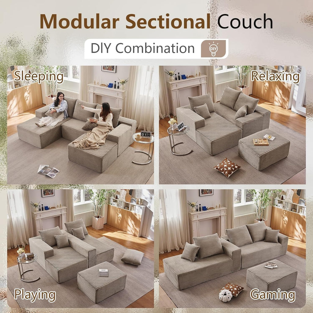107" Cloud Modular Sectional Couches, Modern Convertible U Shaped Couch, 3 Seat Corduroy Comfy Deep Seat Sectional Sofa Oversize Deep Seat Sofa Camel