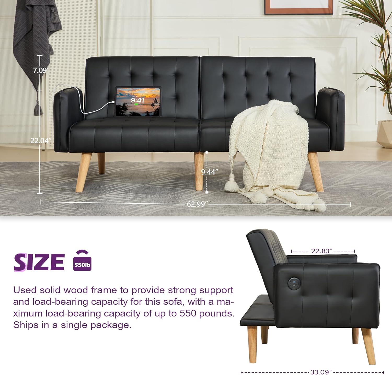 TYBOATLE Faux Leather Convertible 65'' Folding Futon Sofa Bed w/ 2 USB, Loveseat for Small Space, Apartment, Dorm, Living Room, Office, Black