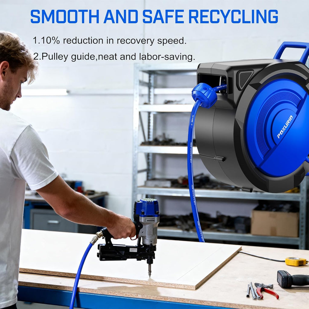 80FT+6.5FT Retractable Air Hose Reel, 3/8" Hybrid Air Hose, Air Compressor Hose Reel with Max 300 PSI Patented Design, Retractable Auto-Rewind Enclosed Heavy Duty 180° Swivel Mount