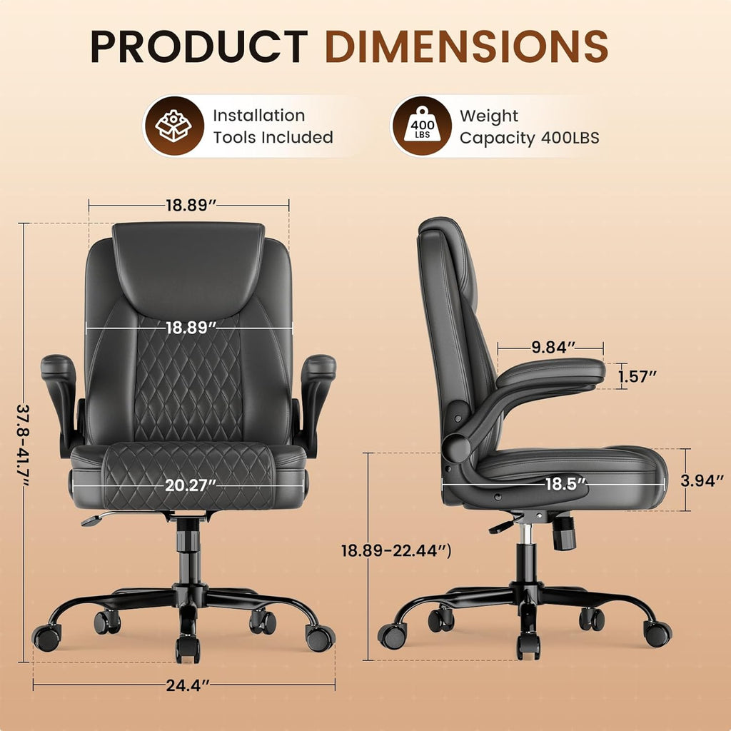 GTPLAYER Leather Office Chair, Home Desk Chair with Flip-up Arms and Ergonomic Back - Comfy Heavy Duty Executive Chair for Home Office Gaming, Gray