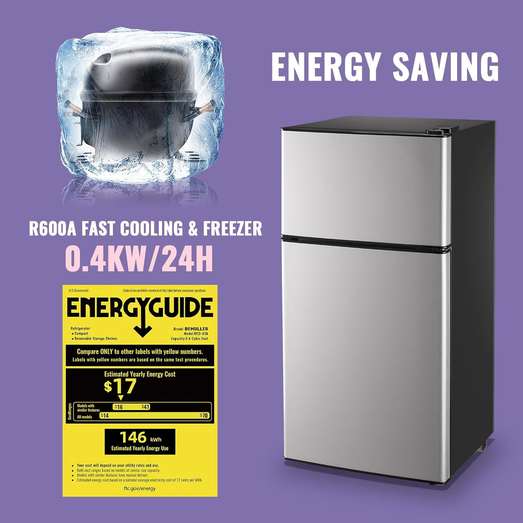 DEMULLER 2.4 Cu.Ft Small Refrigerator with Freezer Dorm Mini Fridge Removable Plastic Shelves Ideal for Home, Office,Dormitory Silver