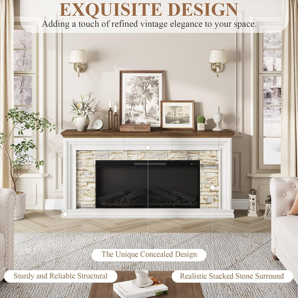 QUW 70" Fireplace TV Stand Up to 80" TVs, 42" Modern Electric Fireplace with Mantel, Farmhouse Entertainment Center with Concealed 3 Drawers for Living Room, Adjustable Brightness & Low Noise, White