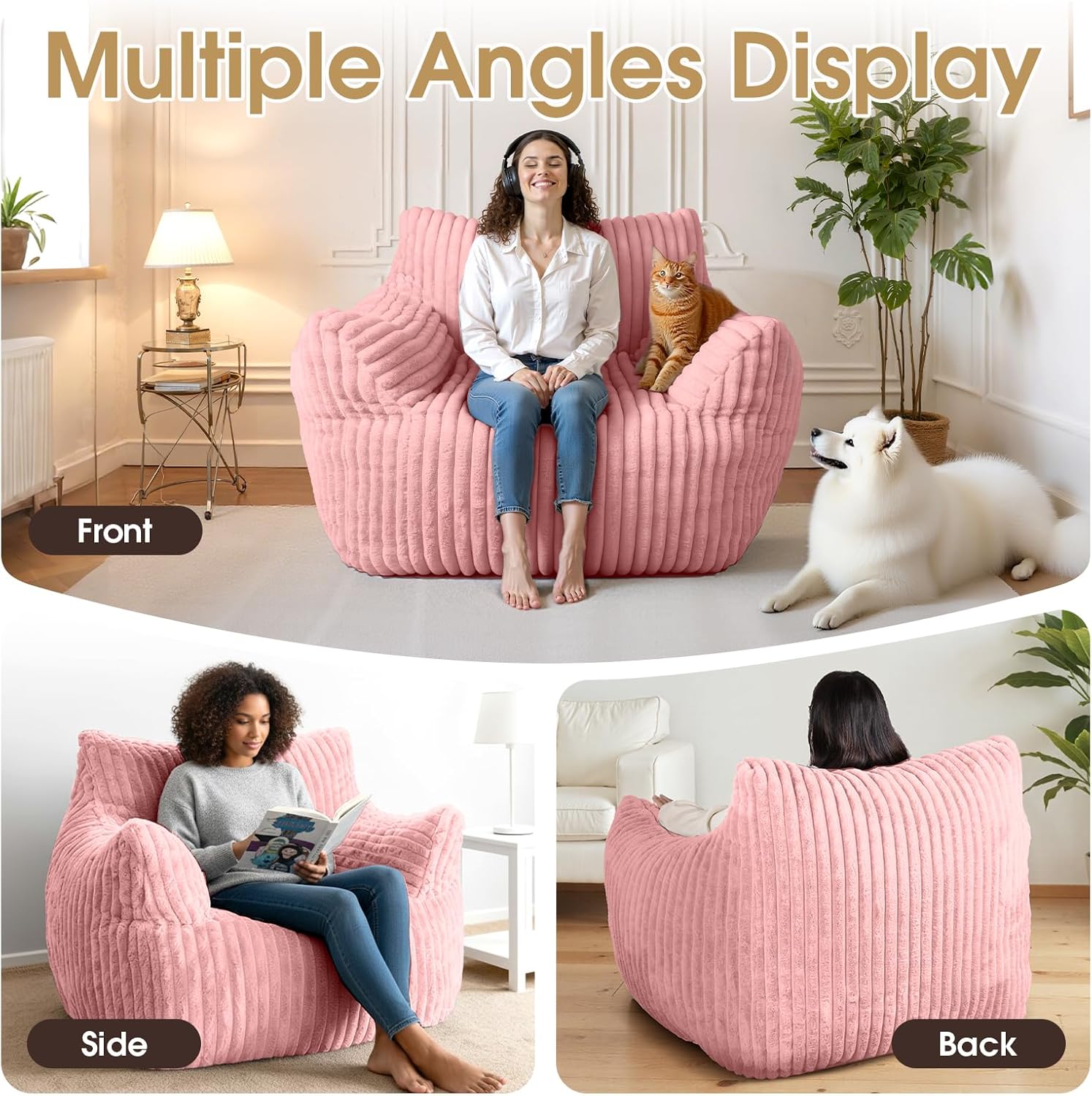 Giant Bean Bag Chair, Oversized Plush Comfy Bean Bag Sofa for Adults and Kids with Armrests, Memory Foam Mini Couch Single Lounges for Living Room, Bedroom & Game Room(Pink)