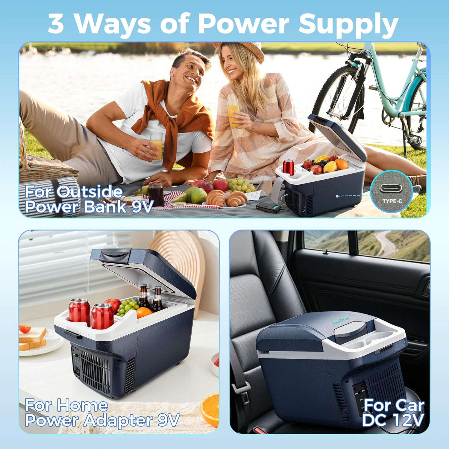 Iceblue Electric Cooler with Type-C, 8 Liter /11 Cans Mini Fridge with Belt, 9V Type-C Thermoelectric Dual-use Car Refrigerator, Car Fridge for Car, Dorm, Travel, Picnic, Gift (Blue)