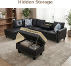 Leather 3-Piece L-Shaped Couches for Living Room, Sectional Sofa with Storage Ottoman & Movable Chaise, Modular Convertible Couch for Bedroom & Apartment, Deep Black