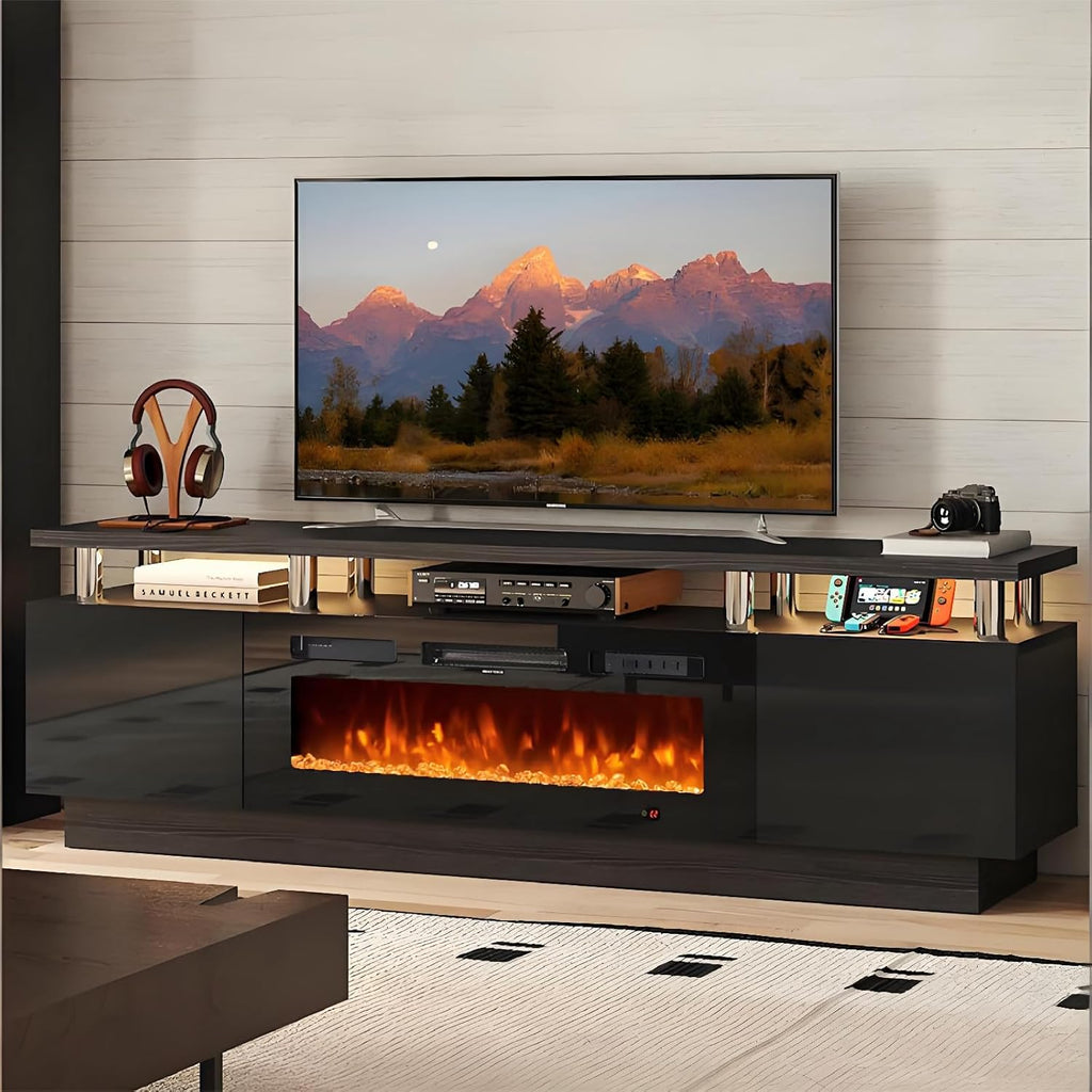 MXV 70" Fireplace TV Stand, Modern Entertainment Center & 36 Inch Electric Fireplace with Remote Control, LED Light, Fire Place Tv Stand for Living Room for TVs up to 80", Black + Black