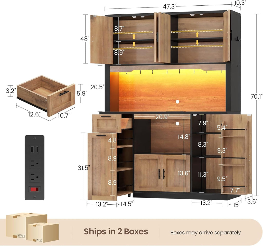 Itaar 71" Pantry Cabinet with Charging Station and LED Light, Kitchen Pantry Cabinet with Microwave Stand, 47.2" Wide Kitchen Storage Cabinets with Storage Cart 3 Tier for Dining Room (Brown)