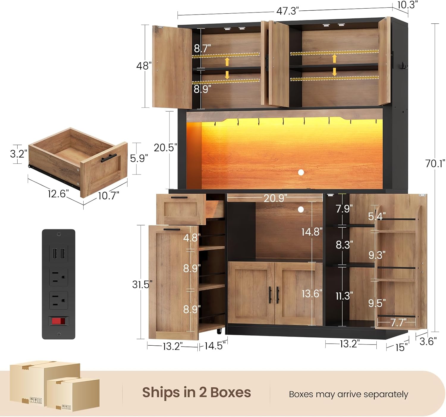 Itaar 71" Pantry Cabinet with Charging Station and LED Light, Kitchen Pantry Cabinet with Microwave Stand, 47.2" Wide Kitchen Storage Cabinets with Storage Cart 3 Tier for Dining Room (Brown)
