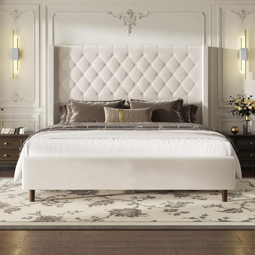 King Size Bed Frame, Upholstered Platform Bed with 62" Tall Wingback Headboard, Velvet Modern Luxury Design, No Box Spring Needed, Easy Assembly, Noise Free, Beige