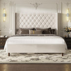King Size Bed Frame, Upholstered Platform Bed with 62" Tall Wingback Headboard, Velvet Modern Luxury Design, No Box Spring Needed, Easy Assembly, Noise Free, Beige
