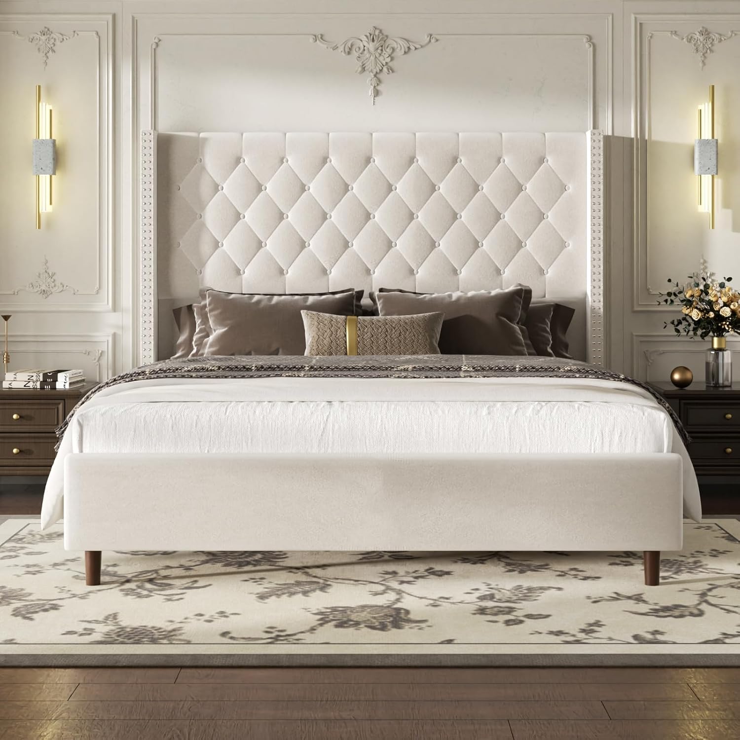 King Size Bed Frame, Upholstered Platform Bed with 62" Tall Wingback Headboard, Velvet Modern Luxury Design, No Box Spring Needed, Easy Assembly, Noise Free, Beige