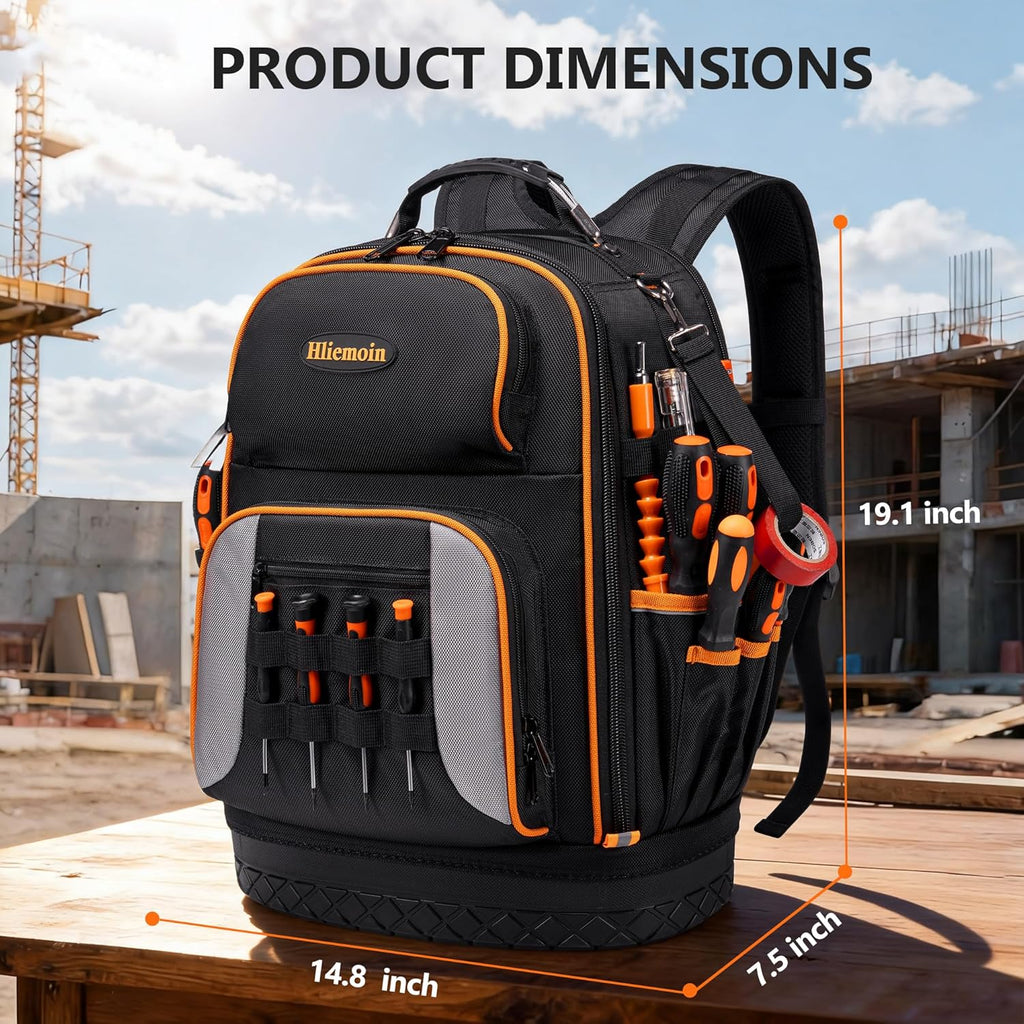 Tool Bag Backpack Heavy Duty 1680D Oxford, 75 Pockets & Loops Electrician Backpack, Large HVAC Tool Bags with Hard Bottom, Construction Work Technician Backpacks with 16’’ Laptop Compartment for Men