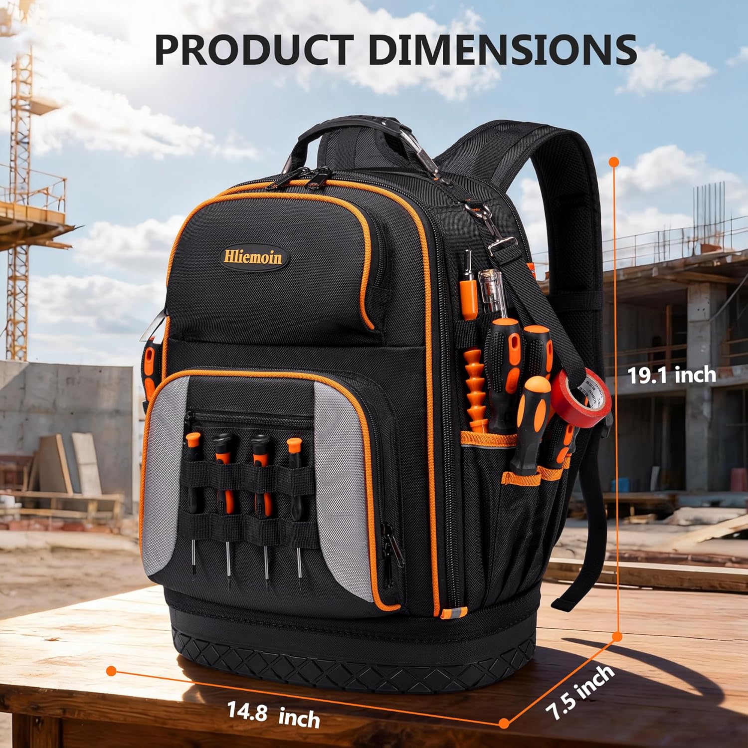 Tool Bag Backpack Heavy Duty 1680D Oxford, 75 Pockets & Loops Electrician Backpack, Large HVAC Tool Bags with Hard Bottom, Construction Work Technician Backpacks with 16’’ Laptop Compartment for Men