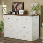 AMERLIFE Queen Size Murphy Bed, Farmhouse Wooden Cabinet with Charging Station and Storage Drawer for Bedroom/Office/Guest Room, White+Barnwood