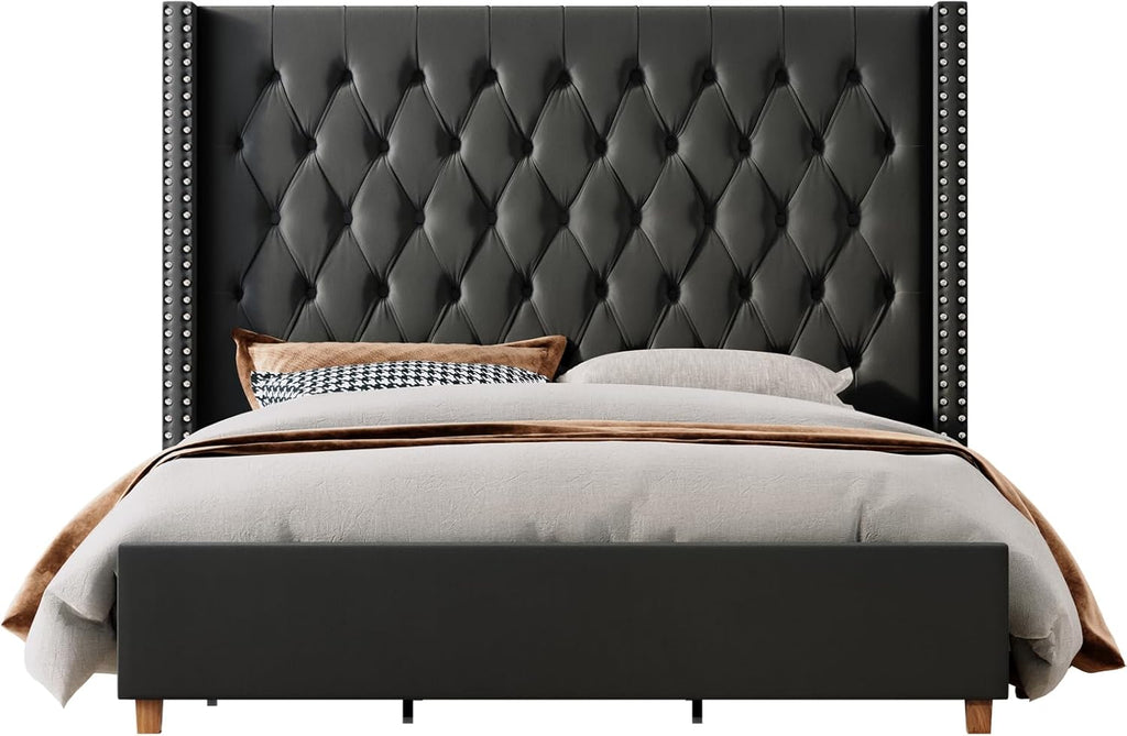 Jocisland King Size Bed Frame with 61.4" Tall Headboard, Velvet Upholstered Wingback Platform Design, Handcrafted Pleats& Deep Button Tufted, Solid Wood Legs, No Box Spring Needed, Black