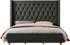 Jocisland King Size Bed Frame with 61.4" Tall Headboard, Velvet Upholstered Wingback Platform Design, Handcrafted Pleats& Deep Button Tufted, Solid Wood Legs, No Box Spring Needed, Black