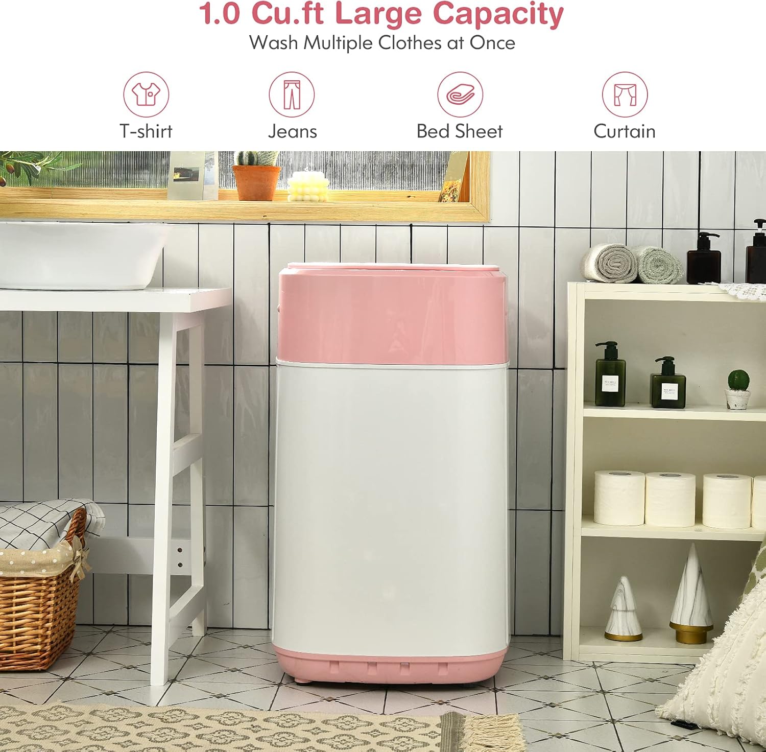 COSTWAY Portable Washing Machine, 8 Lbs Capacity, Built-in Drain Pump, Compact Laundry Washer with 6 Programs, 6 Water Levels, Child Lock, Full-Automatic washer for RV, Dorm, Apartment, Pink
