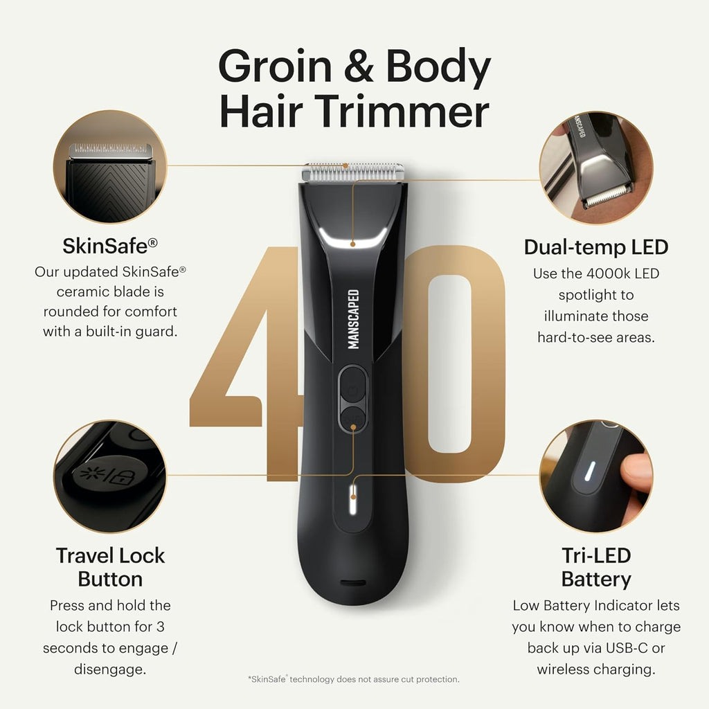 MANSCAPED® The Lawn Mower® 4.0 PRO - Groin & Body Hair Trimmer, Updated SkinSafe® Trimmer Blade, Waterproof Wet/Dry Groomer, USB-C & Wireless Charging Compatible, Men’s Ball Shaver with Travel Lock
