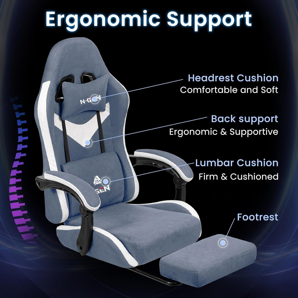 N-GEN GAMING Video Gaming Chair with Footrest Lumbar Support for Home Office High Back Recliner Height Adjustable Ergonomic Comfy Fabric Computer Desk Chair (Blue)