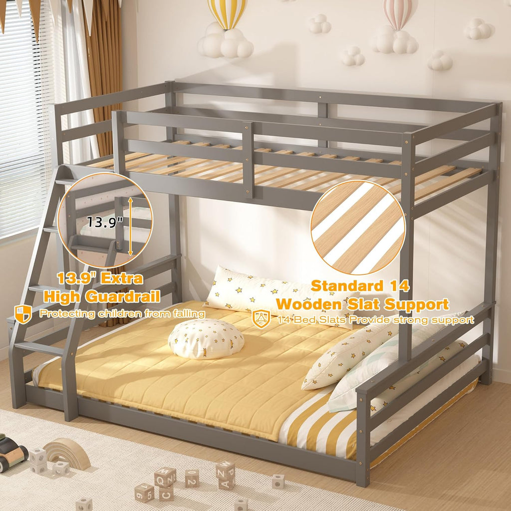 TOLEAD Low Bunk Bed Twin Over Full, Floor Bunk Bed with Ladder, Wooden Bunk Bed with Full Guardrails, Low Bunk Bed for Juniors, Boys, Girls, Kids, Bedroom, Grey