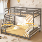 TOLEAD Low Bunk Bed Twin Over Full, Floor Bunk Bed with Ladder, Wooden Bunk Bed with Full Guardrails, Low Bunk Bed for Juniors, Boys, Girls, Kids, Bedroom, Grey