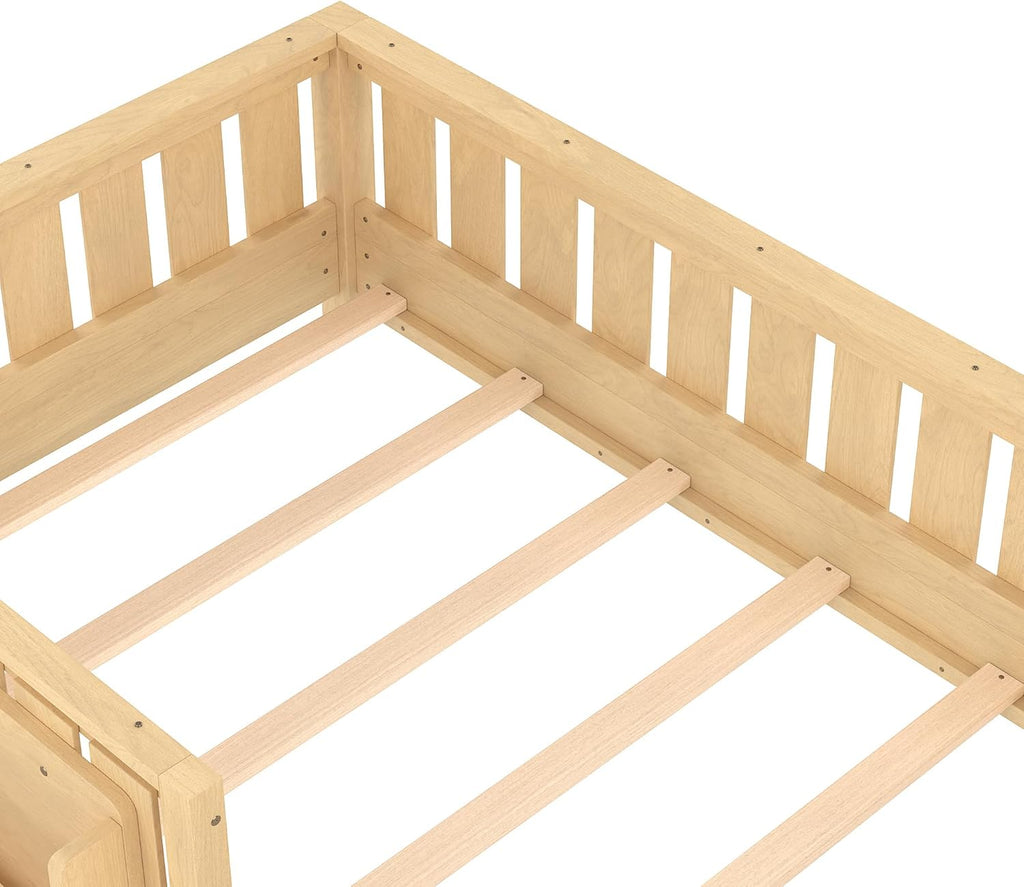 Bellemave Twin Floor Bed with Slats and Safety Guardrail, Twin Size Montessori Floor Bed with Fence and Built-in Bookshelf, Easy Assemble Montessori Beds for Kids, Girls, Boys, Light Natural