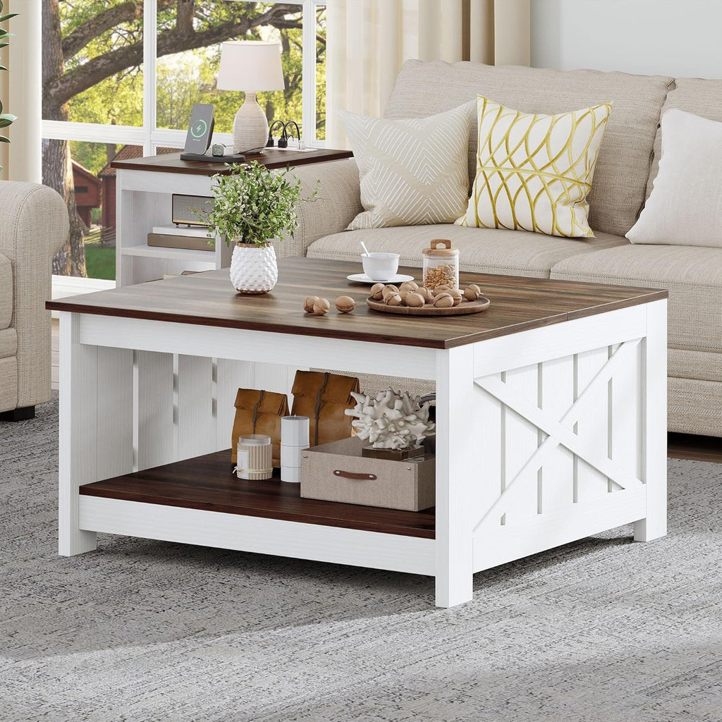 Coffee Table Farmhouse Coffee Table with Storage Rustic Wood Cocktail Table, Square Coffee Tables for Living Meeting Room with Half Open Storage Compartment, Brown with White