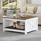 Coffee Table Farmhouse Coffee Table with Storage Rustic Wood Cocktail Table, Square Coffee Tables for Living Meeting Room with Half Open Storage Compartment, Brown with White