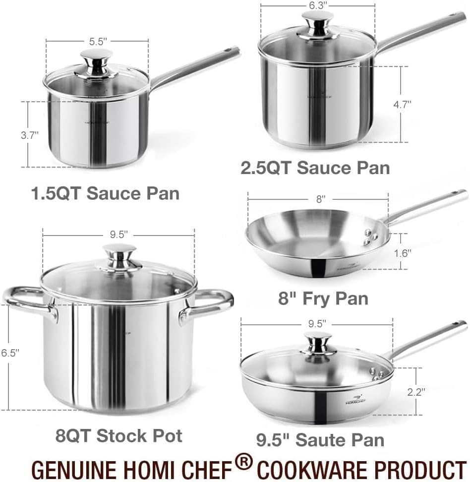 HOMICHEF 14-Piece Nickel Free Stainless Steel Cookware Set - Nickel Free Pots and Pans Set - Non-Toxic, Healthy Induction Cookware