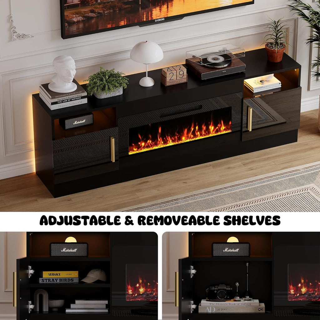 Fireplace TV Stand with 36'' Electric Fireplace, 70'' TV Media Entertainment Center with Fireplace Up to 80 inch,Modern LED TV Console for Living Room (Black with Black Fireplace)